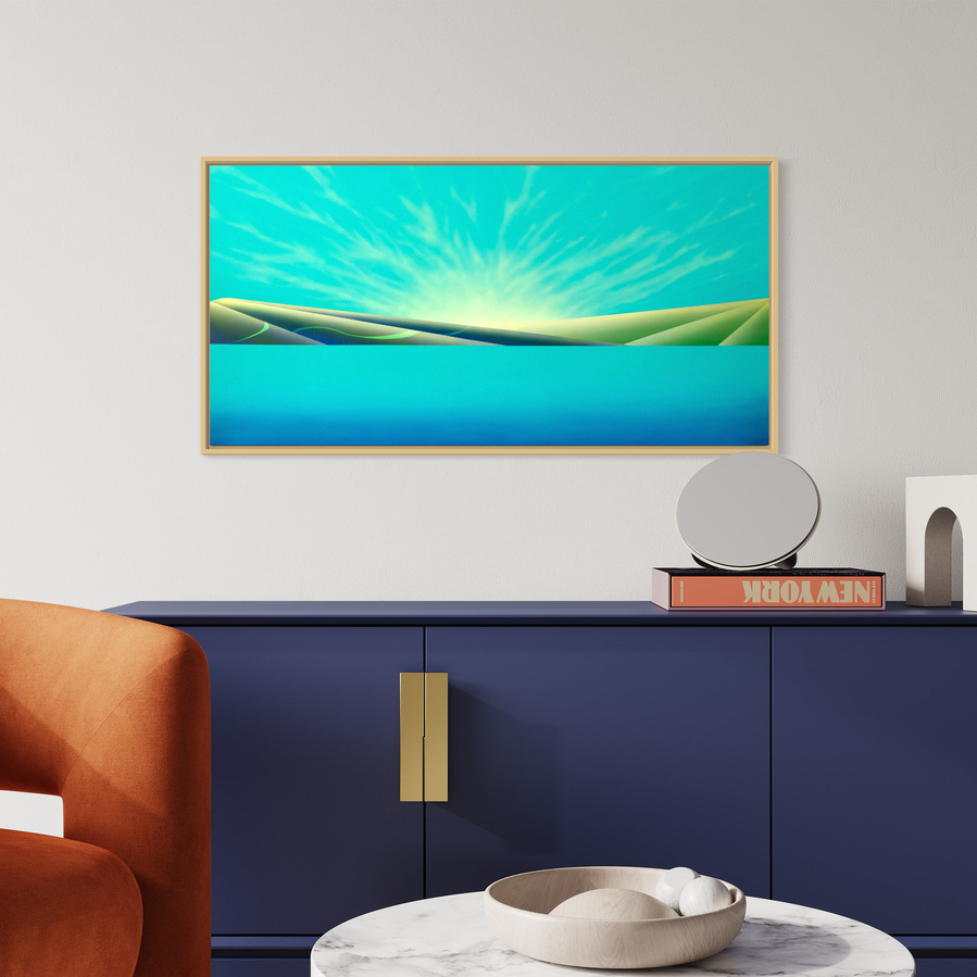 A blue coloured landscape painting.