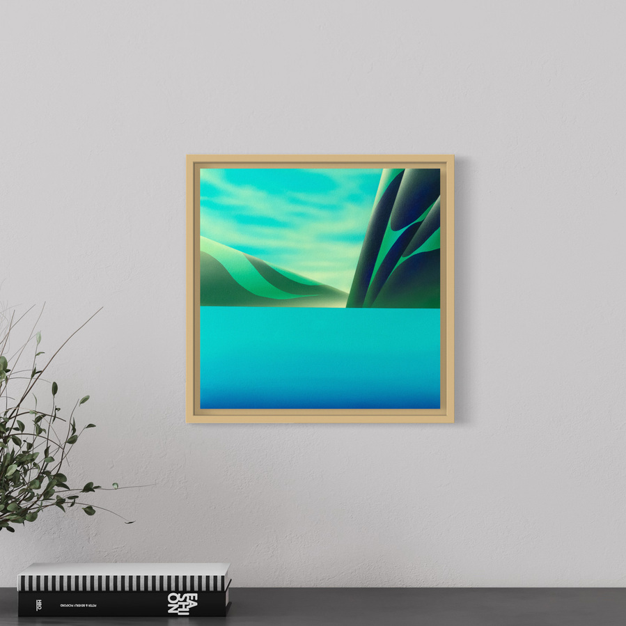A blue coloured landscape painting.