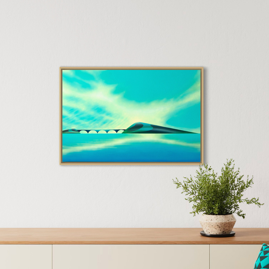 A blue coloured landscape painting.