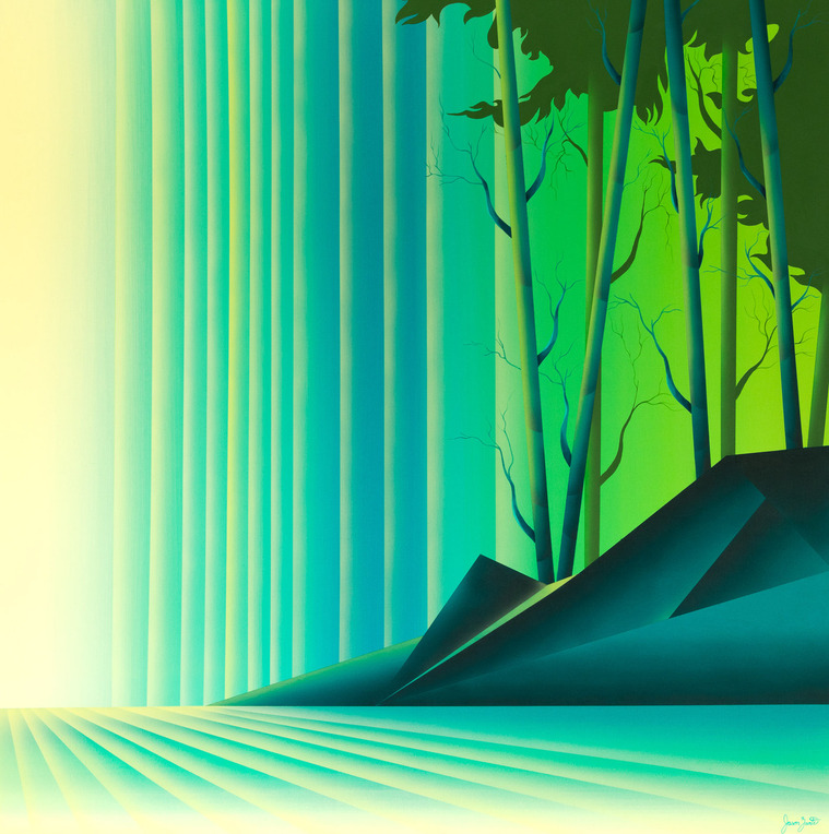 A vibrant acrylic painting of a landscape with colours of blue, green and cream.