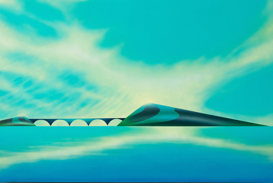 A blue coloured landscape painting.