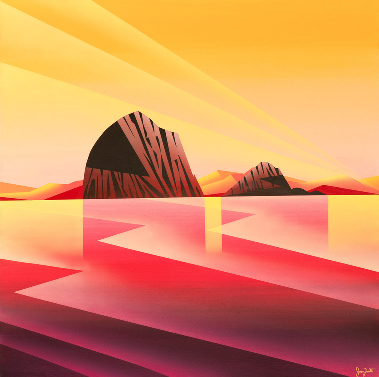 A vibrant acrylic painting of a landscape with colours of red, pink and yellow.