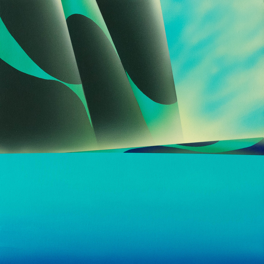 A blue coloured landscape painting.