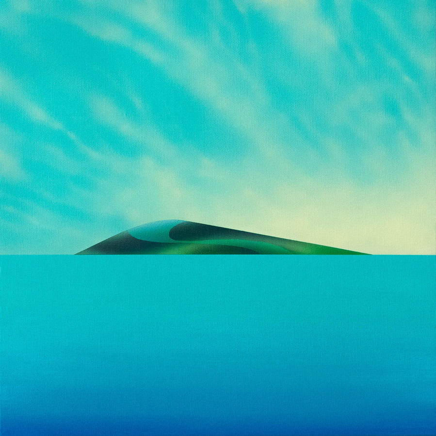 A blue coloured landscape painting.
