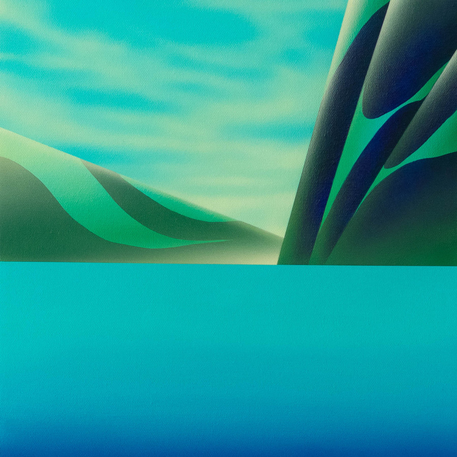 A blue coloured landscape painting.