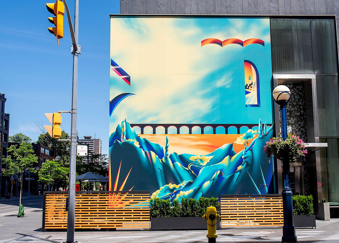 A Mediterranean inspired blue mural artwork at the four seasons hotel toronto. 