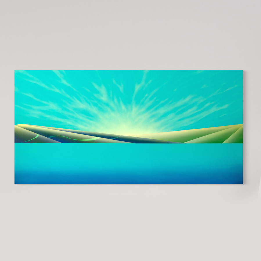 A blue coloured landscape painting.