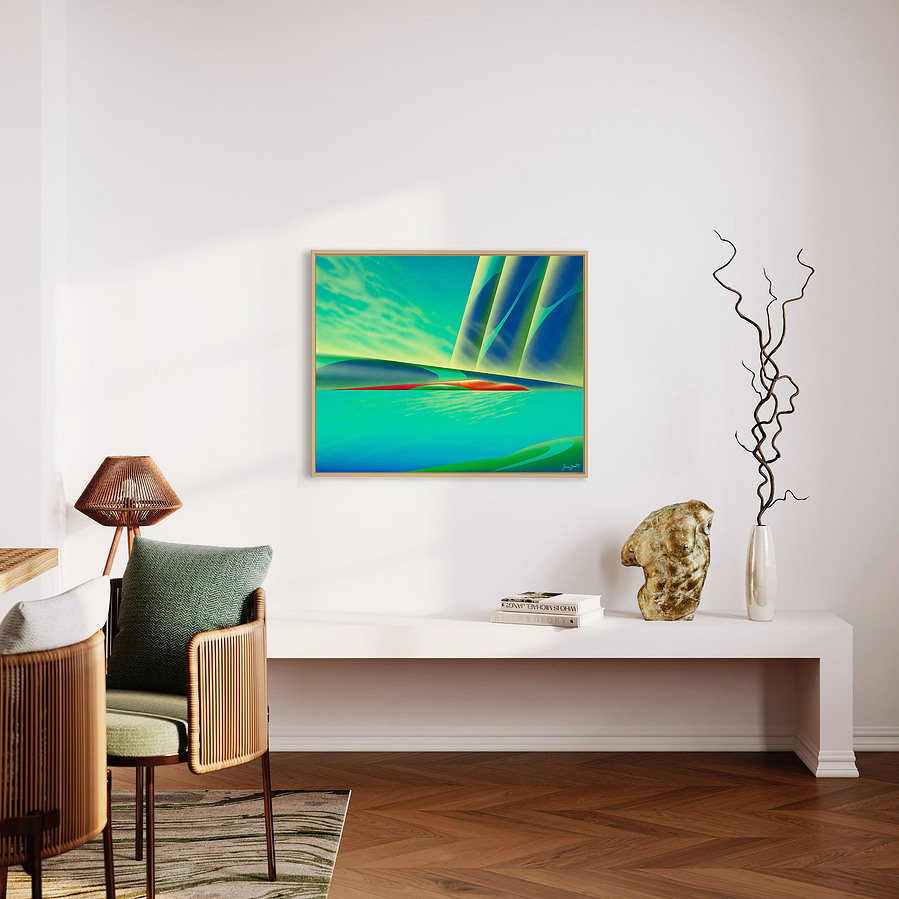 A serene blue landscape painting.