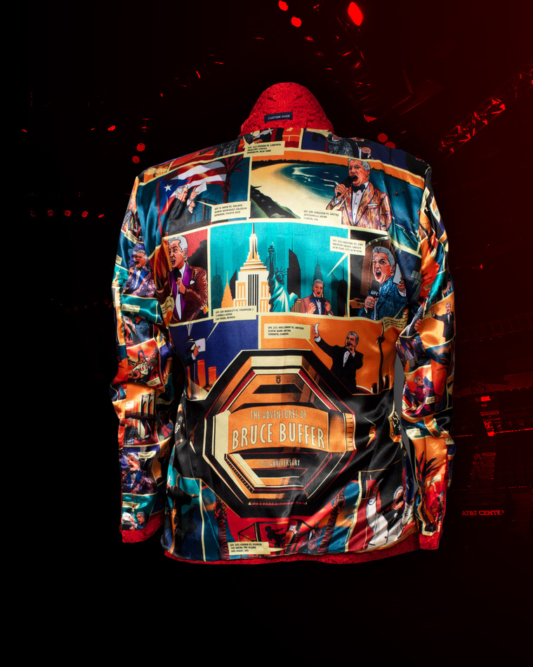A comic inspired interior lining for a men's suit jacket.