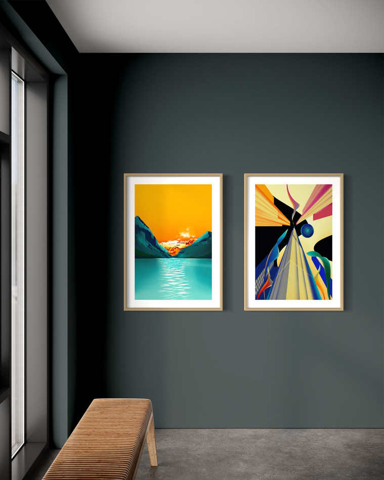 Two framed artworks in an office space.