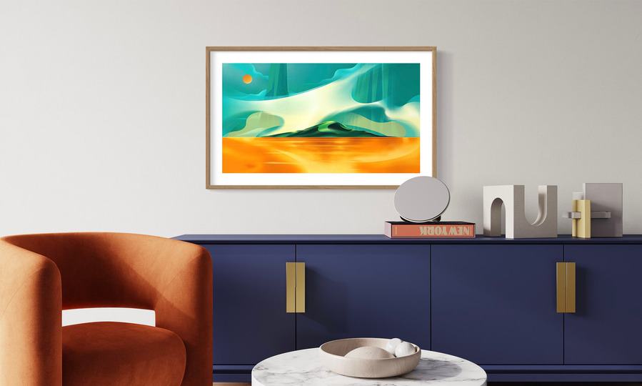 A surreal landscape artwork depicting a turquoise blue sky and a golden lake.