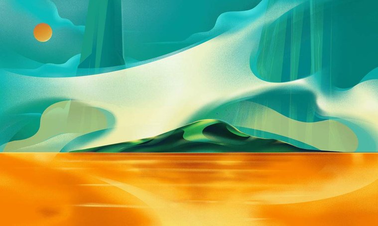 A digital artwork depicting a serene landscape with turquoise sky and golden lake.