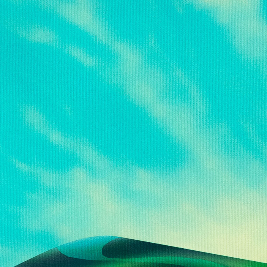 A blue coloured landscape painting.