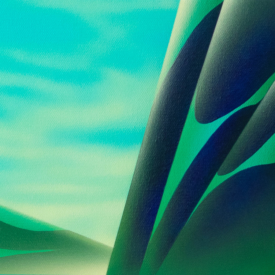 A blue coloured landscape painting.
