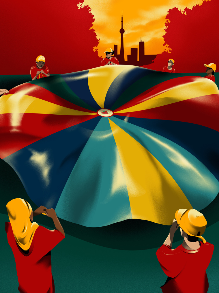 A digital artwork illustration depicts a group of children playing in a Toronto playground.