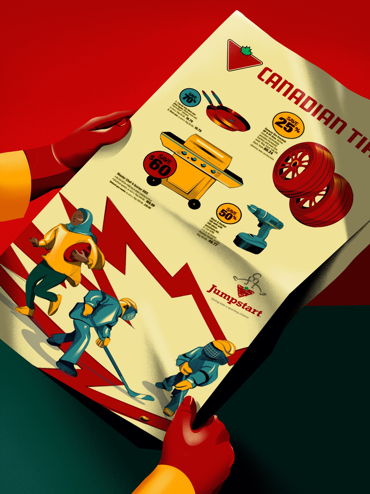 A digital artwork illustration depicts a person reading a store flyer.