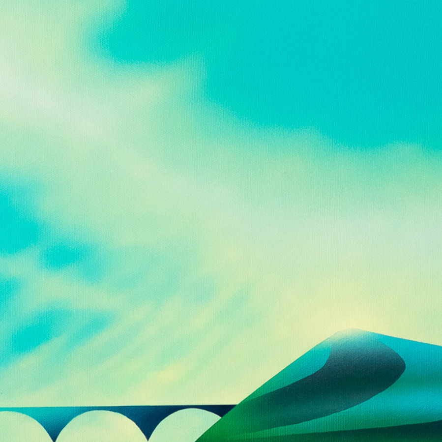 A blue coloured landscape painting.