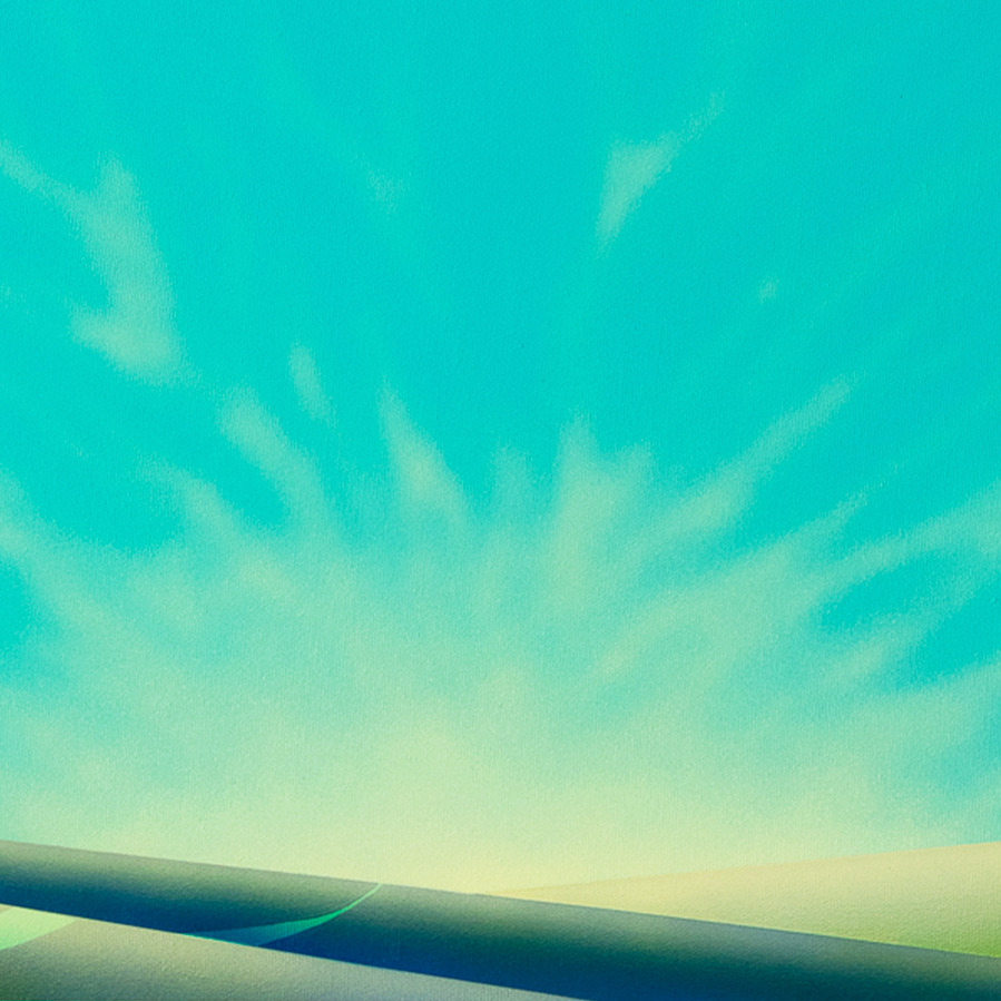 A blue coloured landscape painting.