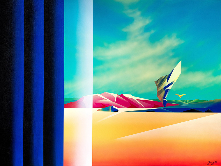 A colourful painting of a surreal and imagined landscape.