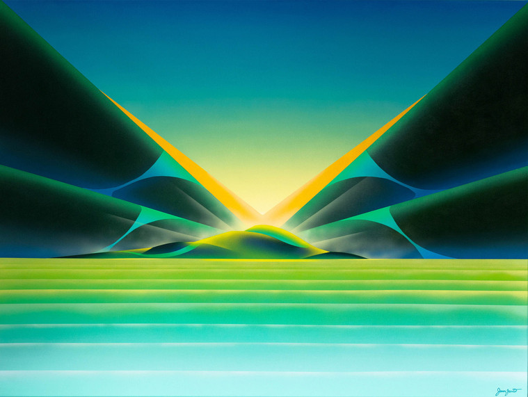 A colourful painting of a surreal and imagined landscape.
