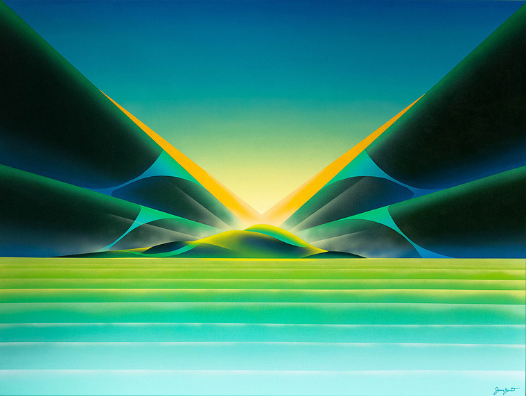 A colourful painting of a surreal and imagined landscape.
