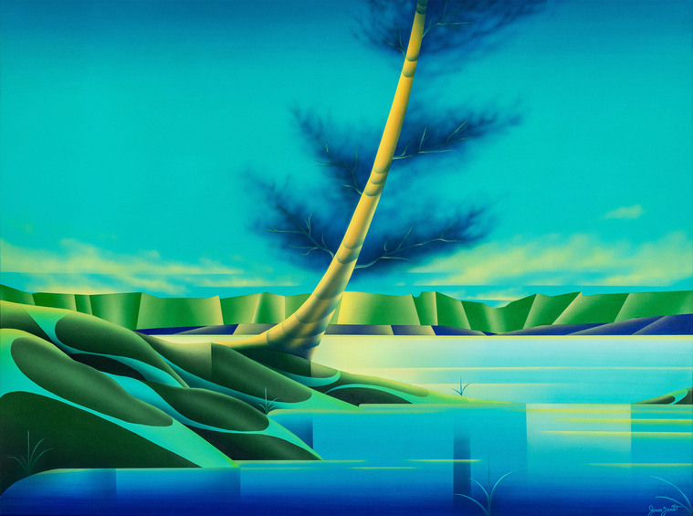 A colourful painting of a surreal and imagined landscape.