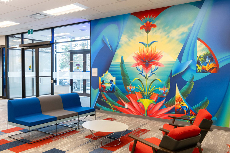 A bright blue mural in an office setting in Toronto, Canada.