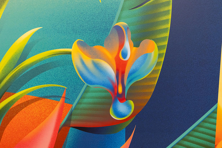 A bright blue mural in an office setting in Toronto, Canada.