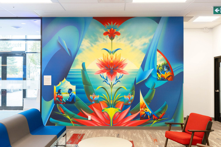 A bright blue mural in an office setting in Toronto, Canada.