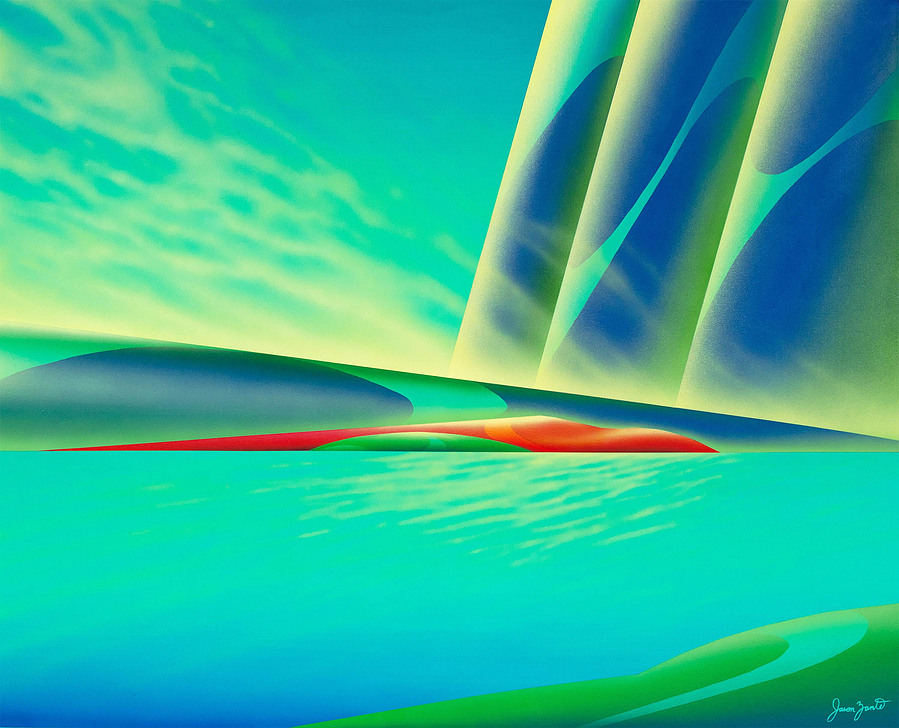 A serene blue landscape painting.
