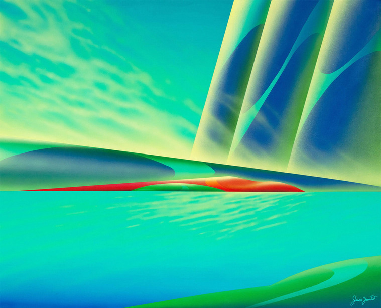 A blue and green landscape acrylic painting that depicts mountains with clouds. 