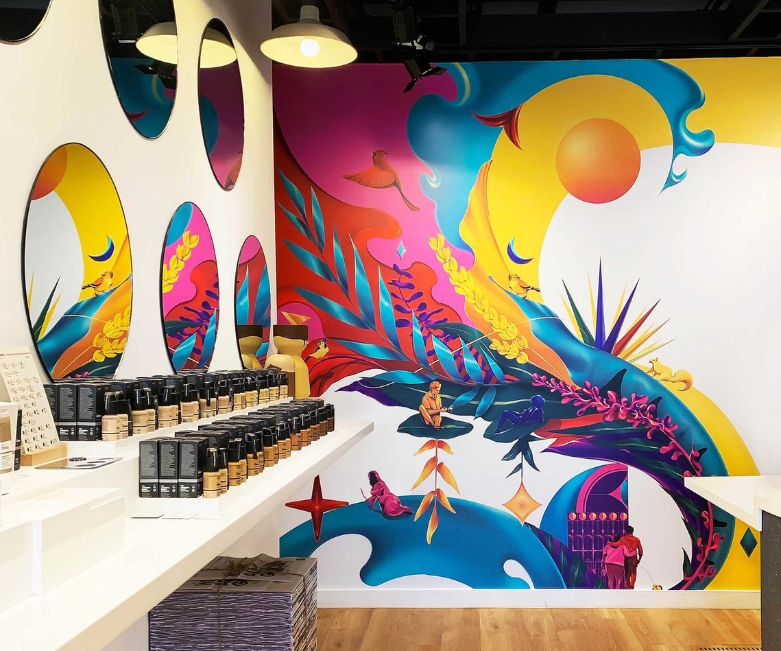 A vibrant and colorful mural artwork displayed inside a store.
