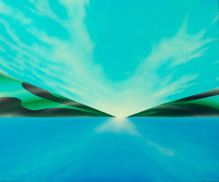 A blue coloured landscape painting.