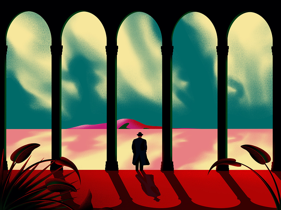 A painting of a surreal landscape with a lone figure looking at the view.