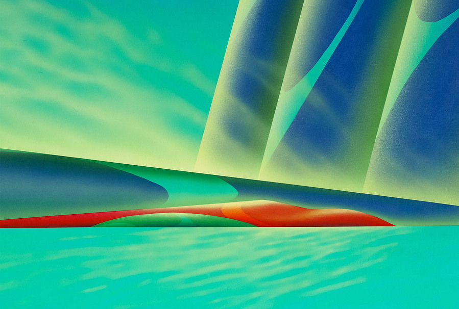 A serene blue landscape painting.
