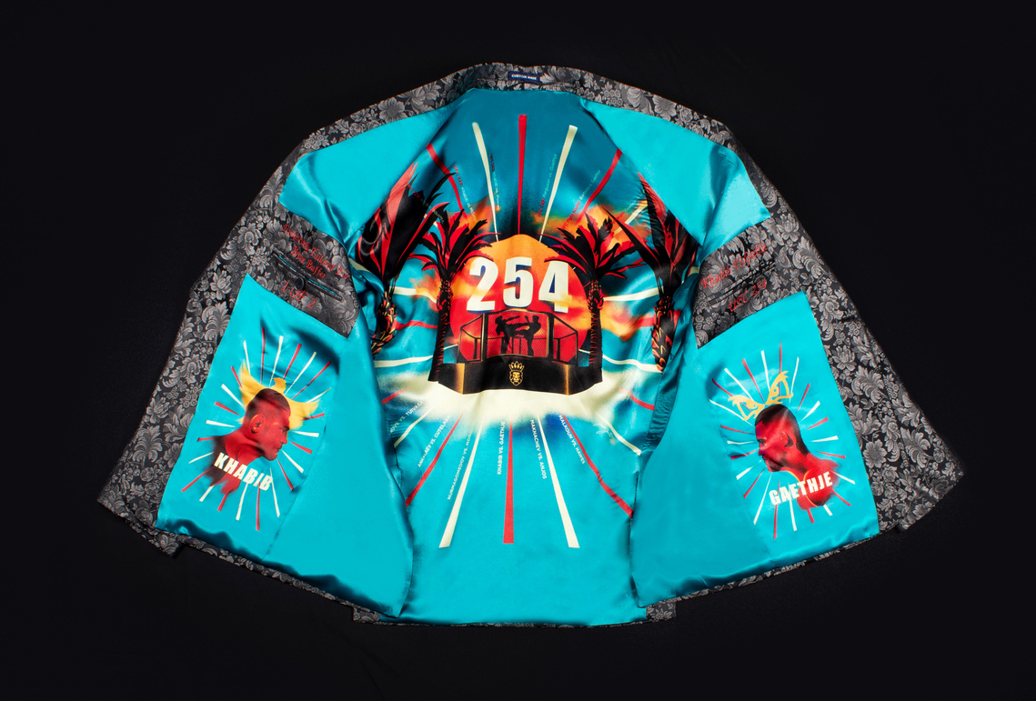 A teal and red interior lining for a jacket