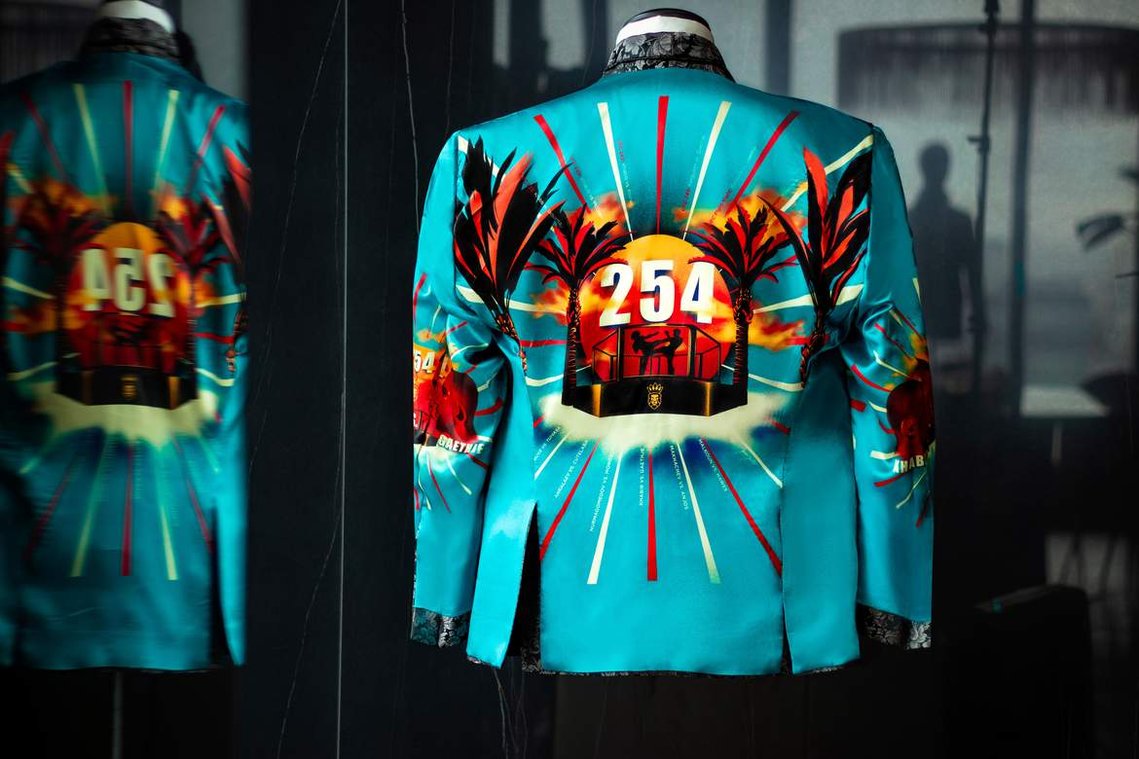 A teal and red interior lining for a jacket