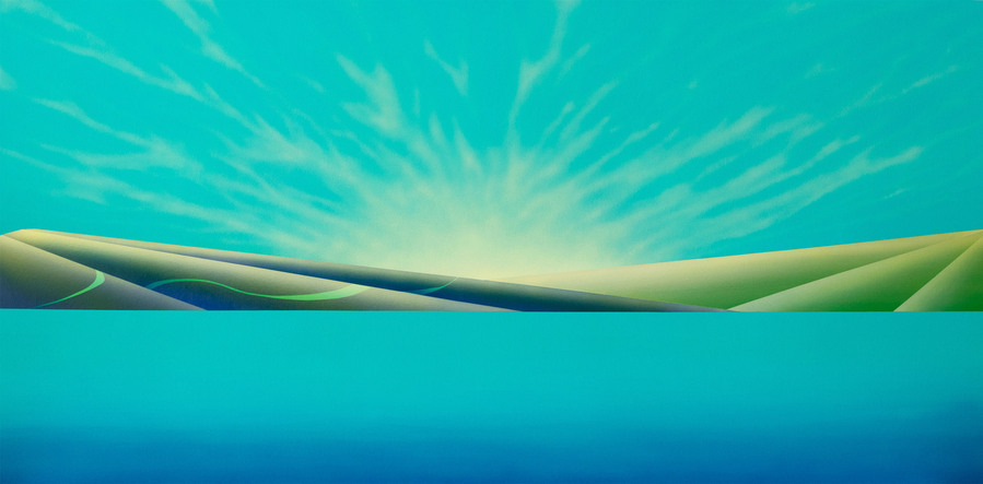 A blue coloured landscape painting.