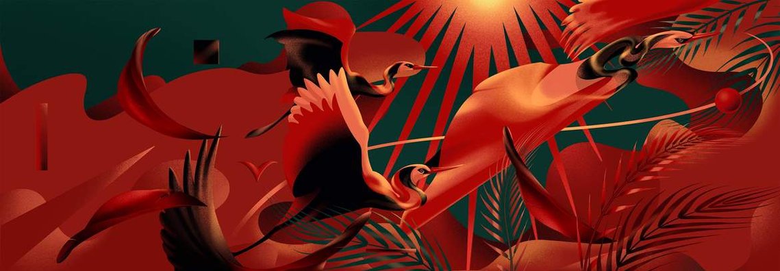 A surreal and red-coloured monochromatic digital artwork depicting cranes in the sky.