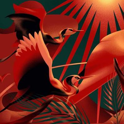 A red colored artwork depicting the flight of a group of geese.