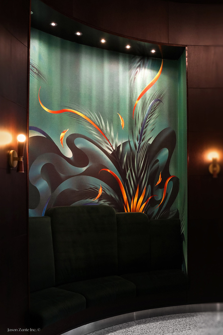 A surreal and monochromatic green mural.