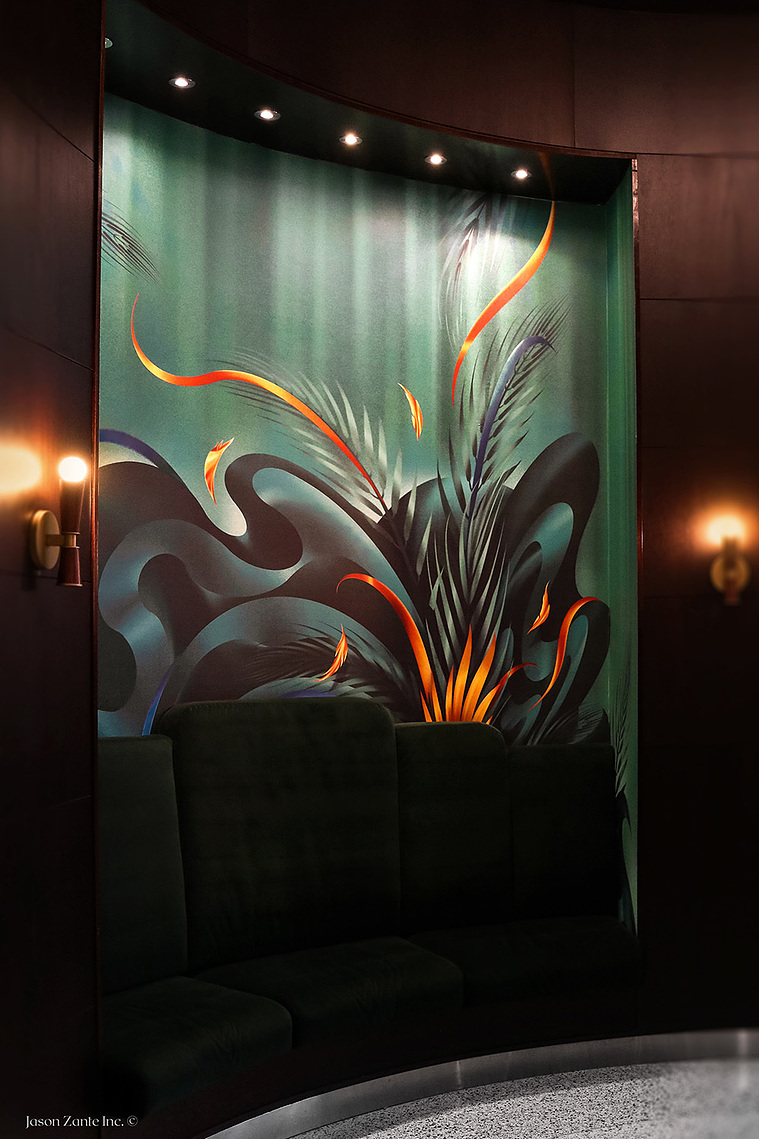 A surreal and monochromatic green mural.