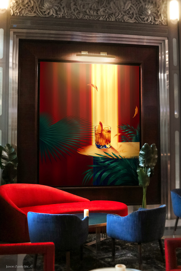 Canvas artwork depicting an old fashioned drink in a lounge area.