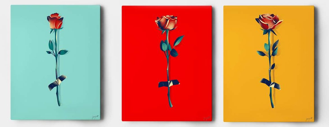 Three canvas artworks depicting a single rose in a blue, red, and yellow background.