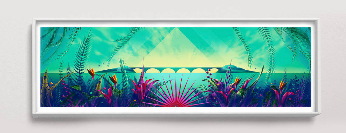 A framed artwork depicting a surreal landscape coloured in turquoise and blue.
