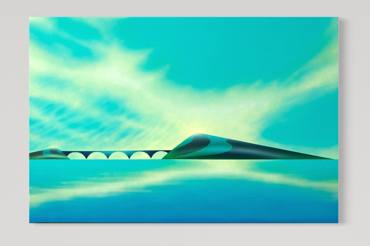 A surreal turquoise and blue landscape acrylic painting that depicts a hill and bridge.