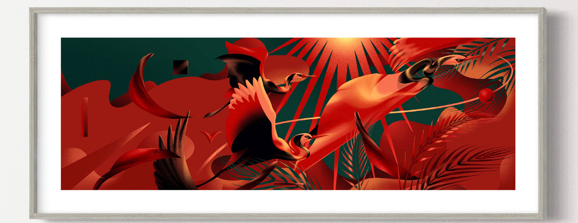 A surreal and red-coloured monochromatic digital artwork depicting cranes in the sky.