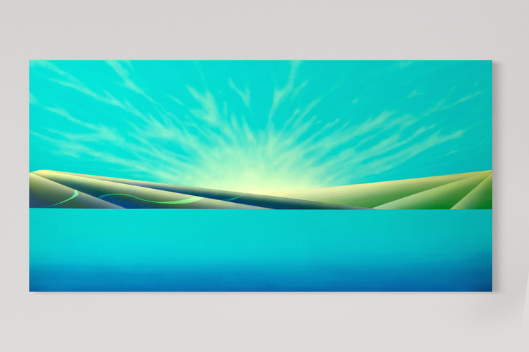 A blue and green landscape acrylic painting that depicts mountains with clouds. 