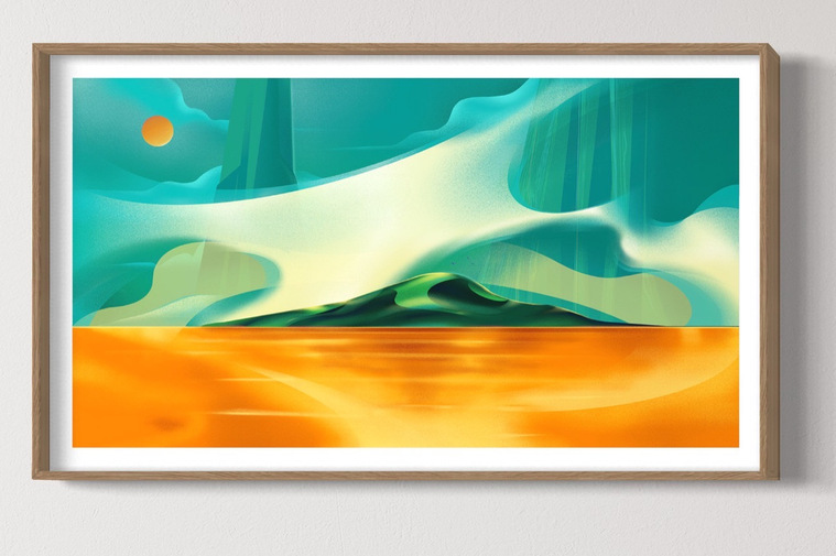 A digital artwork depicting a serene landscape with turquoise sky and golden lake.
