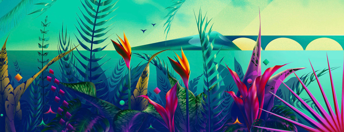 An artwork depicting a surreal landscape coloured in turquoise and blue.